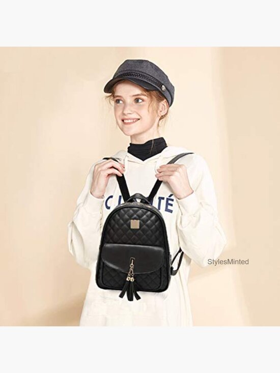 Mini Vegan Leather Quilted Backpack Purse Set with Tassel